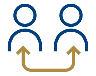 Icon of two avatars in arrows in link with each other with FranServe colors: navy blue and gold..