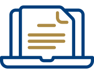 Icon with laptop and document on top with FranServe colors: navy blue and gold.