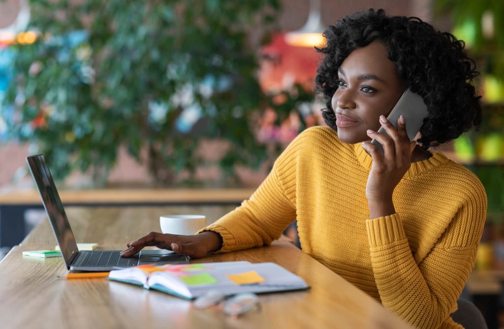 woman is on the phone for a new career transition